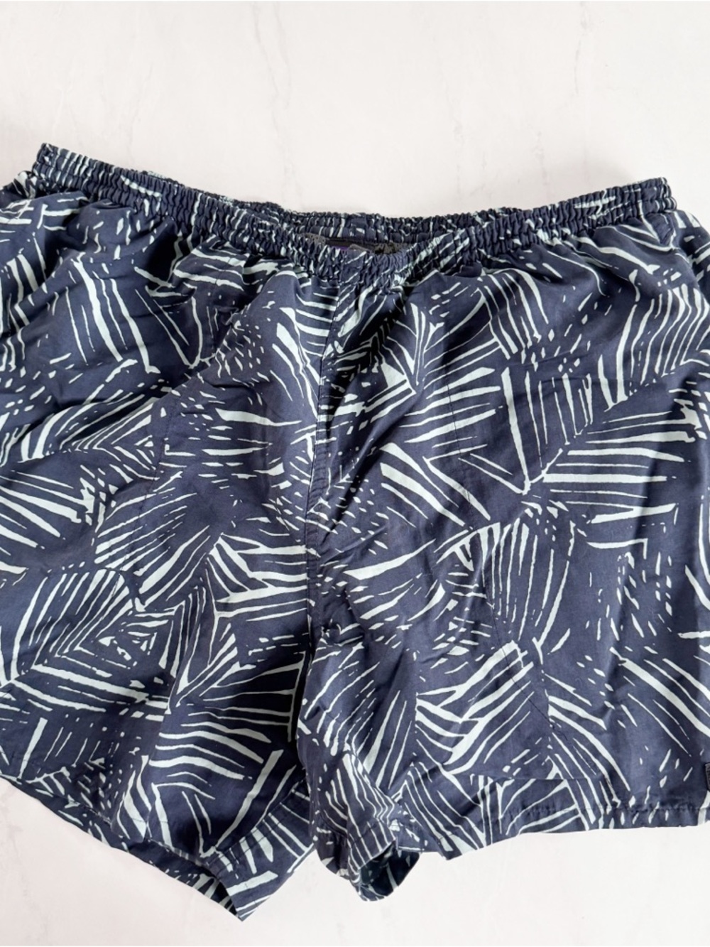 Patagonia Navy and White Palm-Print Swim Trunks
